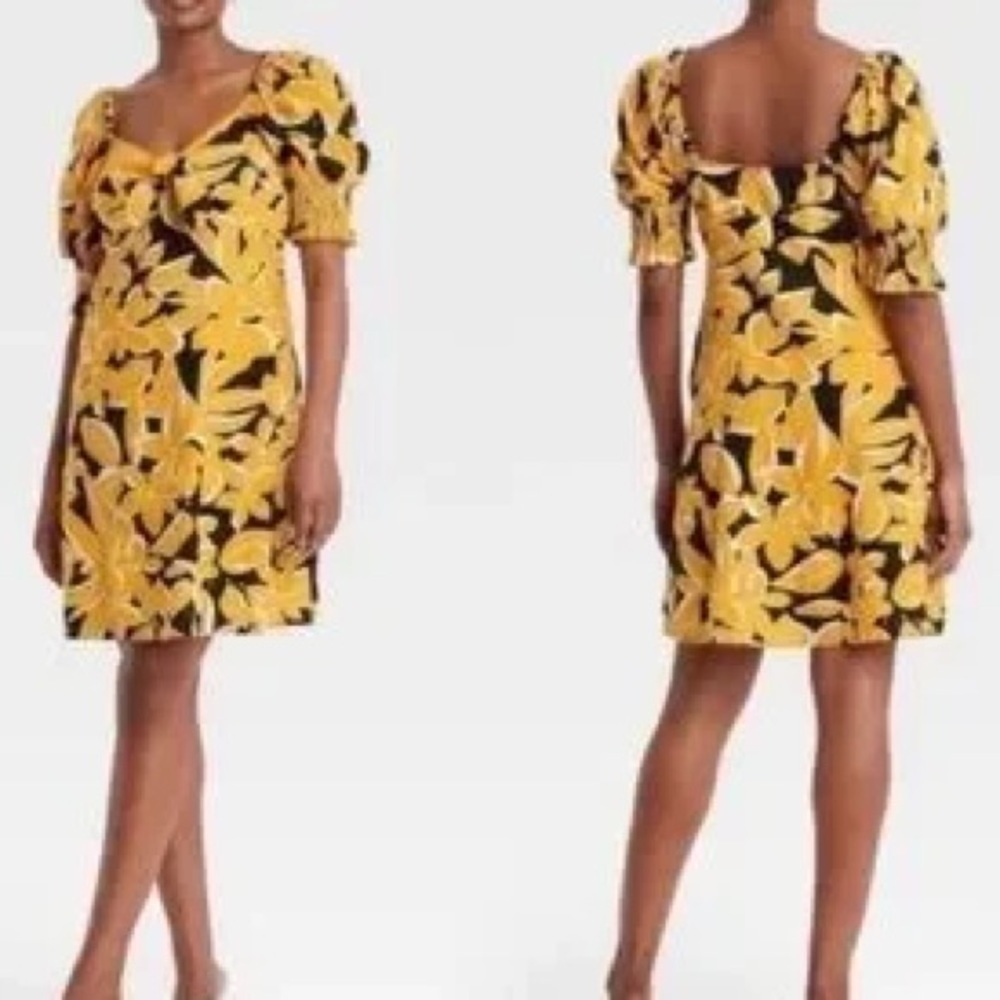 Who What Wear Wmn S Yellow/Black/White Linen Blend Tie Front S/S Sheath Dress